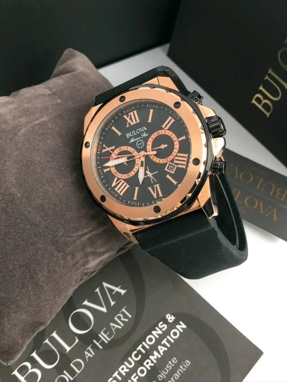 Bulova Marine Star 98B278 Black Dial Silicone Strap Men's Quartz Watch 44 mm